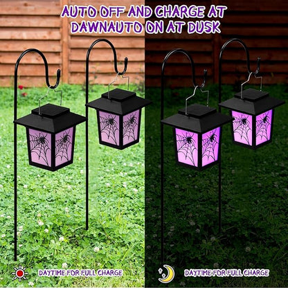 4 Pack Halloween Solar Lights 4.7 Inch Spider Purple Solar Pathway Lights Halloween Decorations with 24 Inch Shepherd Hooks Landscape Lighting Waterproof LED for Garden Yard Walkway Driveway Outdoor