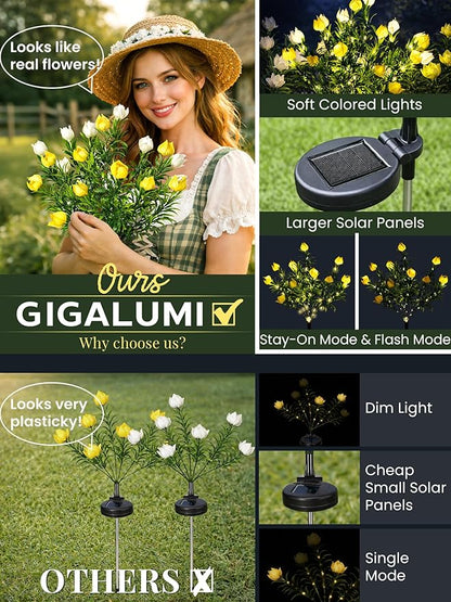 GIGALUMI Solar Garden Lights with Gardenias, LED Garden Decor Carefree Solar Flowers Outdoor Waterproof, Yard Decorations Outdoor, Allergy-Free, Everlasting Light up Flowers for Yard Patio (Set of 1)