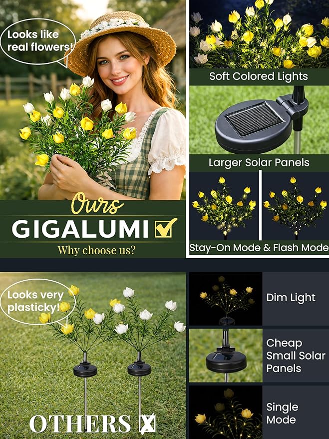 GIGALUMI Solar Garden Lights with Gardenias, LED Garden Decor Carefree Solar Flowers Outdoor Waterproof, Yard Decorations Outdoor, Allergy-Free, Everlasting Light up Flowers for Yard Patio (Set of 2)