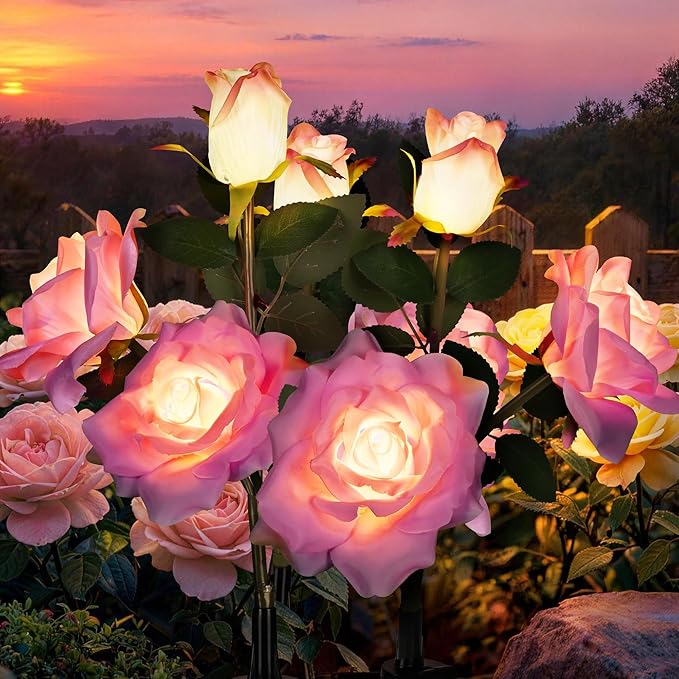GIGALUMI Solar Lights Outdoor for Garden Decor, 3 Pack Solar Flower Lights Waterproof, 2 Lighting Modes 9 Rose Flowers for Pathway,Yard, Patio Decoration, Gardening Gifts for Women (Purple)