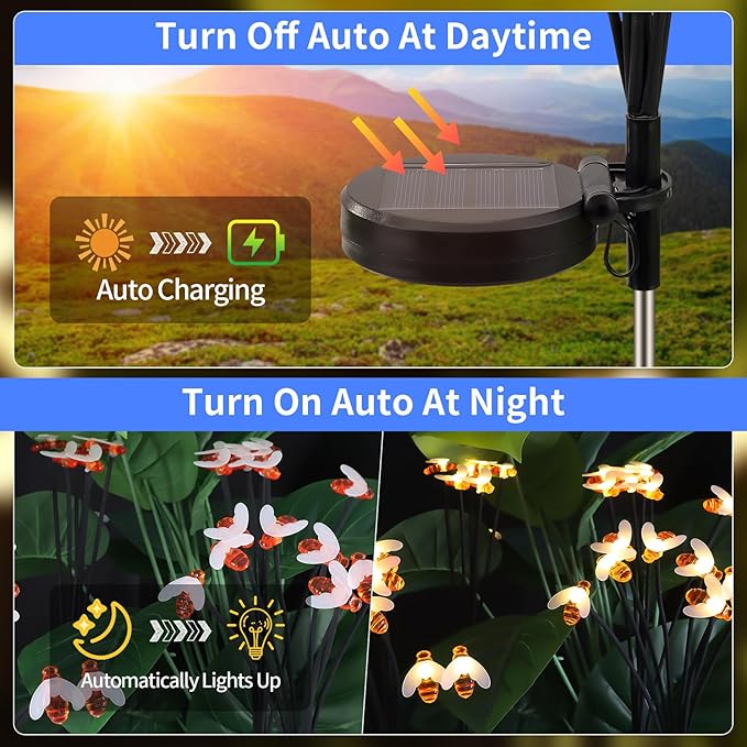Solar Bee Lights Outdoor Waterproof, 2 Pack Solar Garden Lights with 16 LED and Two Modes,Outdoor Decor for Yard Pathway Landscape Decor with Warm White Light, Garden Decor for Outside