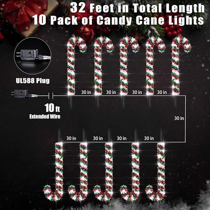 10 Pack Christmas Candy Cane Lights, Tinsel Candy Cane Christmas Decorations Pathway Lights with 8 Modes & Timer | Lumora