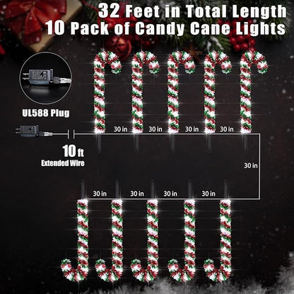 10 Pack Christmas Candy Cane Lights, Tinsel Candy Cane Christmas Decorations Pathway Lights with 8 Modes & Timer for Xmas Walkway Yard Lawn Outdoor (Red, Green, White)