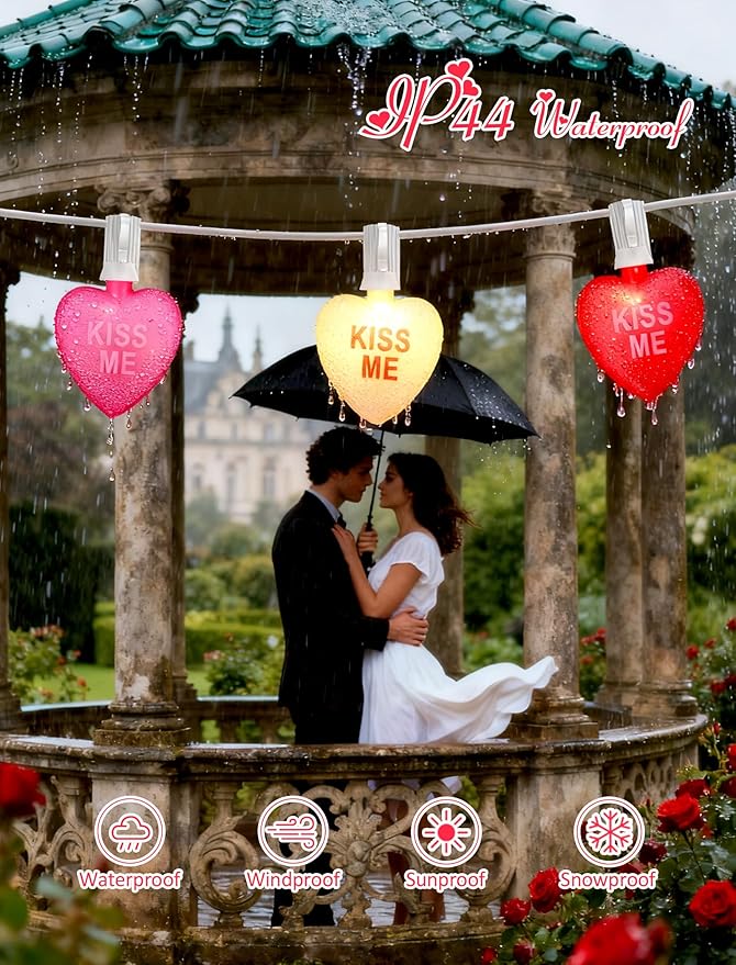 10.5ft Connectable Valentine's Day Lights - Tricolor Red, Pink & White Candy Hearts with Text - Plug-In Waterproof | Lumora