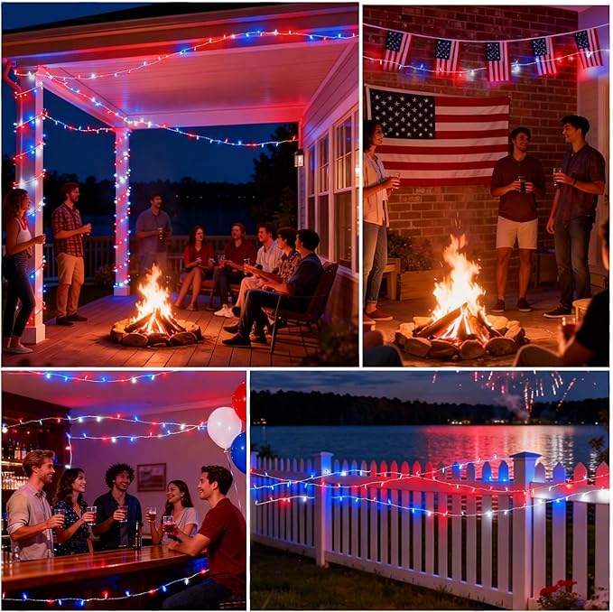 Red White and Blue String Lights,4th of July Decoration,23.3FT-70 Lights LED String Lights, Fairy Lights for Independence Day President Day Memorial Day Plug in IP68 Waterproof