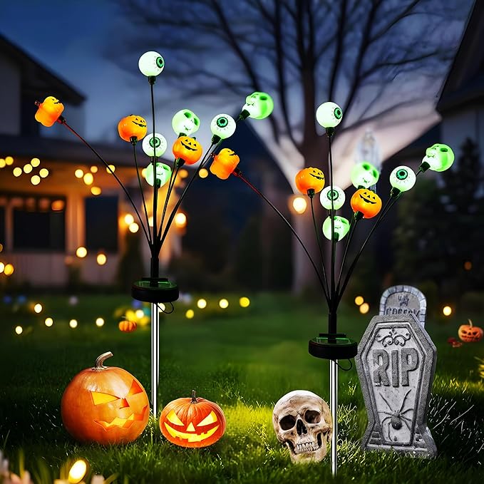 Halloween Decorations Outdoor Solar Scary Eyeball Lights,18LED Green Eyeball Swaying Firefly Lights,Waterproof Solar Halloween Path Lights for Yard Garden Lawn Party Decor(2pack)