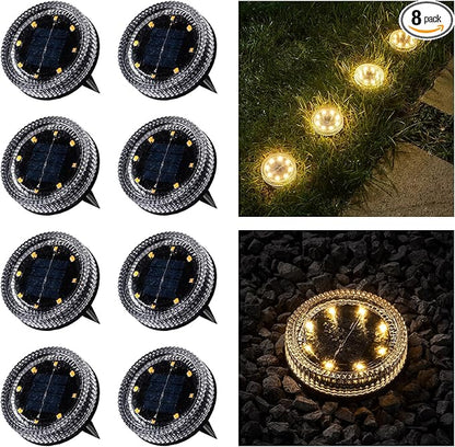 Glass Solar Pathway Lights with Wave Style, Modular-Design Waterproof In-Ground Light for Patio Pathway Lawn Yard Deck Walkway, Decorative Disk Lighting for Garden Bed, Warm White (8 Pack)