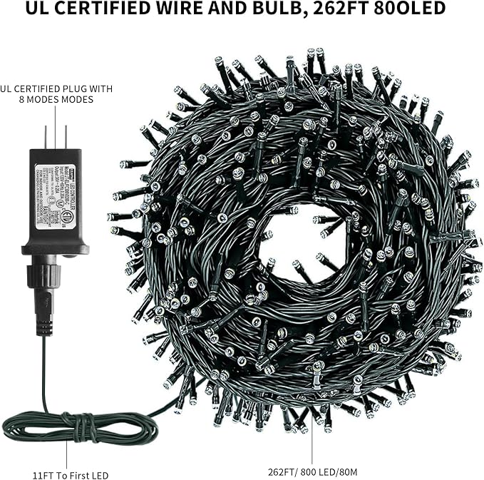 XTF2015 262FT 800 LED Christmas String Lights, Christmas Lights Plug 8 Modes Memory Function with Timer, UL | Lumora