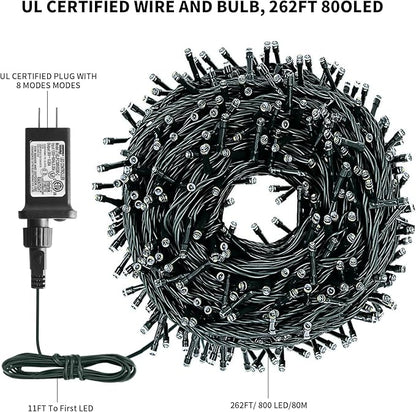 XTF2015 262FT 800 LED Christmas String Lights, Christmas Lights Plug 8 Modes Memory Function with Timer, UL Certified Outdoor Indoor Fairy Light Christma s Tree, Patio, Party (Warm White)
