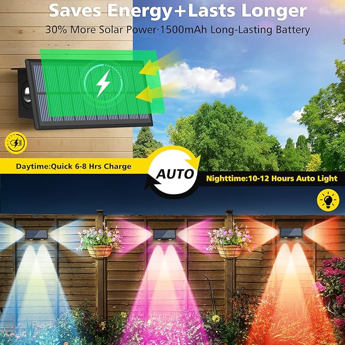 T-SUN Solar Fence Lights Outdoor, 7 Fixed Colors and Color Changing Fence Lights Solar Powered, IP65 Waterproof LED Dusk to Dawn Deck Light for Porch Backyard Wall Step Patio Railing Pool (6 Pack)