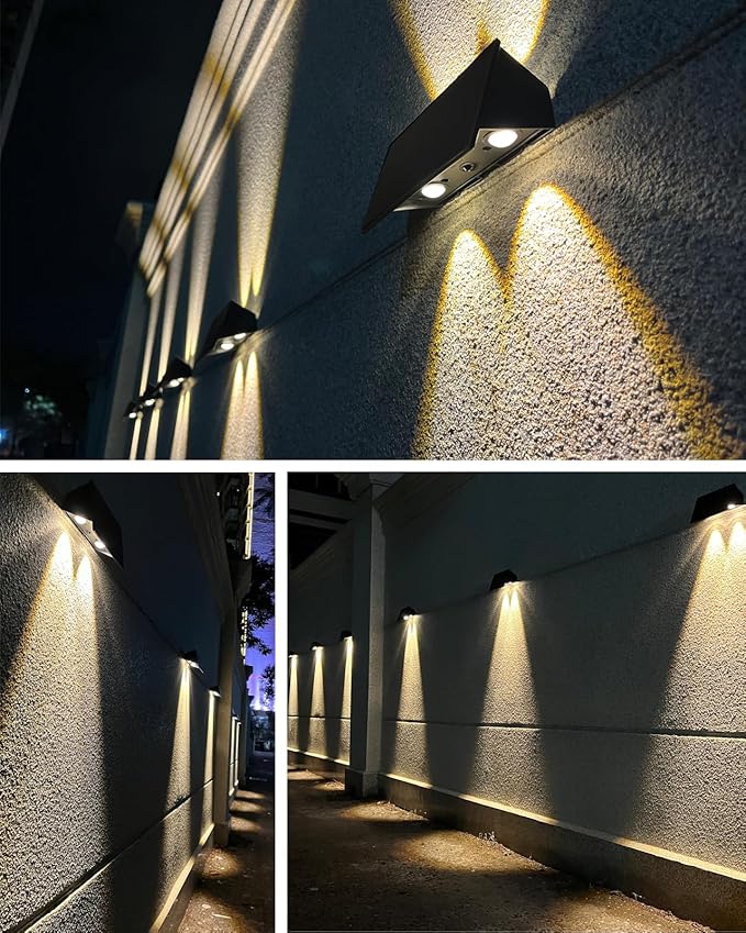 Solar Fence Lights with 4 Bulbs, 6 Pack WarmWhite Fence Lights Solar Powered, IP54 Waterproof Solar Wall Lights for Up&Down, Dusk to Dawn 12 Hours Auto Illuminate for Deck/Wall/Step/Patio/Yard/House