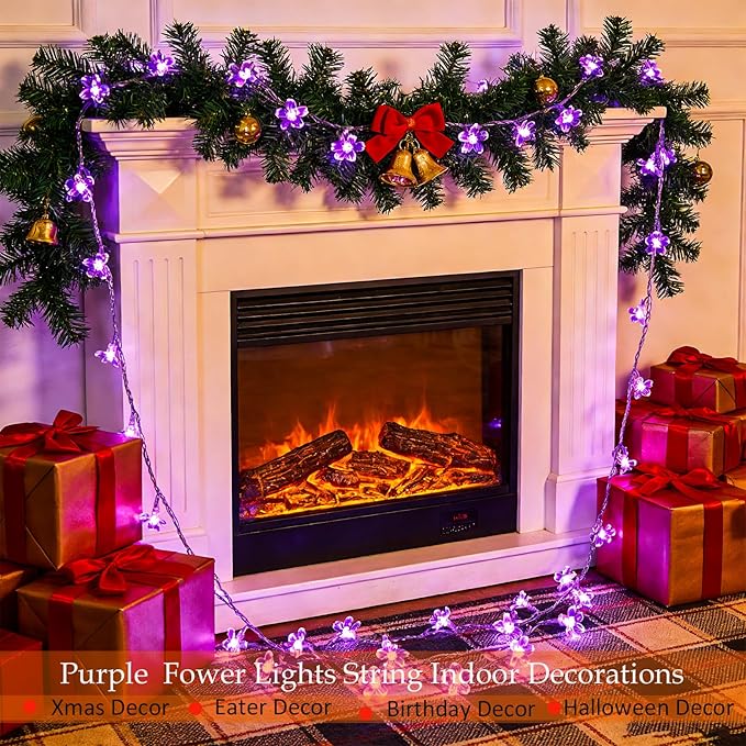 Decorative Connectable 33ft Purple Flower String Lights with 100 LEDs, Memory Function & 8 Modes. Perfect for Bedroom, Christmas, Weddings, Valentine's & Garden Indoor Outdoor Hanging Decorations