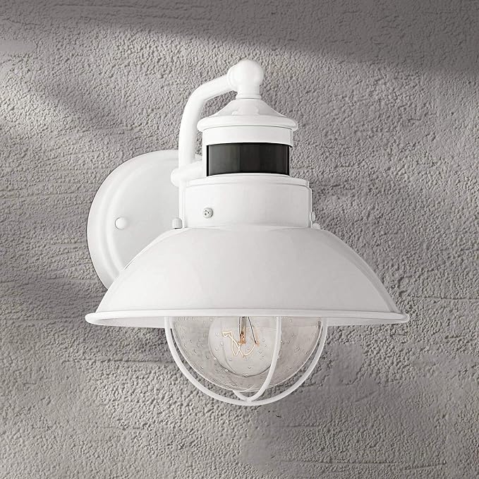 John Timberland Oberlin Rustic Industrial Farmhouse Outdoor Barn Light Fixture White Dusk to Dawn Motion Sensor 9" | Lumora