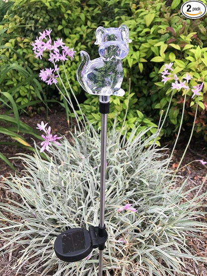 Set of 2 Clear Acrylic Dog Solar Power Outdoor Garden Yard Stick Color Change LED Lights