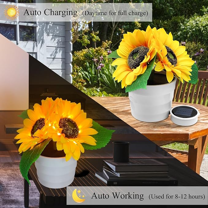 Solar Sunflower Bonsai Lamp, LED Artificial Flower Lamp Sunflower Solar Lights Outdoor Waterproof, Flower with Vase Garden Decor Table Light for Back Yard Decorations