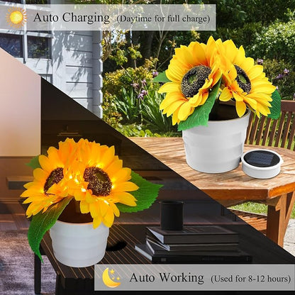 Solar Sunflower Bonsai Lamp, LED Artificial Flower Lamp Sunflower Solar Lights Outdoor Waterproof, Flower with Vase Garden Decor Table Light for Back Yard Decorations