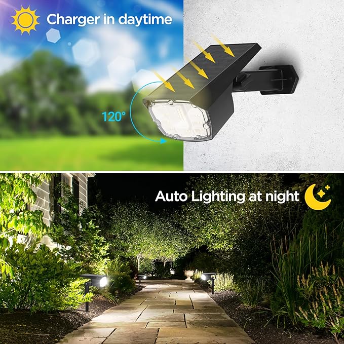 ropelux Solar Spotlights Outdoor,Solar Lights for Outside Dusk-to-Dawn with 2 Modes Pathway Landscape Wall Lighting,2-in-1 Solar Powered Light Waterproof with Adjustable Lamp Head and Solar Panel