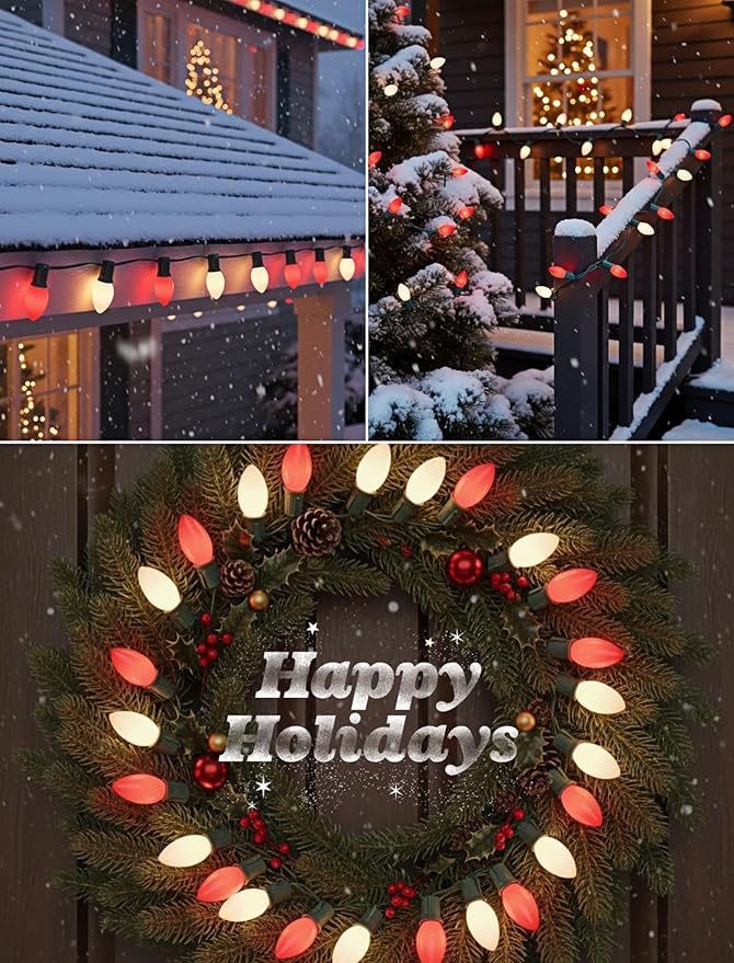 25FT C9 Christmas Lights Outdoor,Red and White C9 Christmas Lights with 26 Ceramic Bulbs(1 Spare), Connectable Incandescent Xmas Light for Indoor Outdoor Party Home Decor,Green Wire