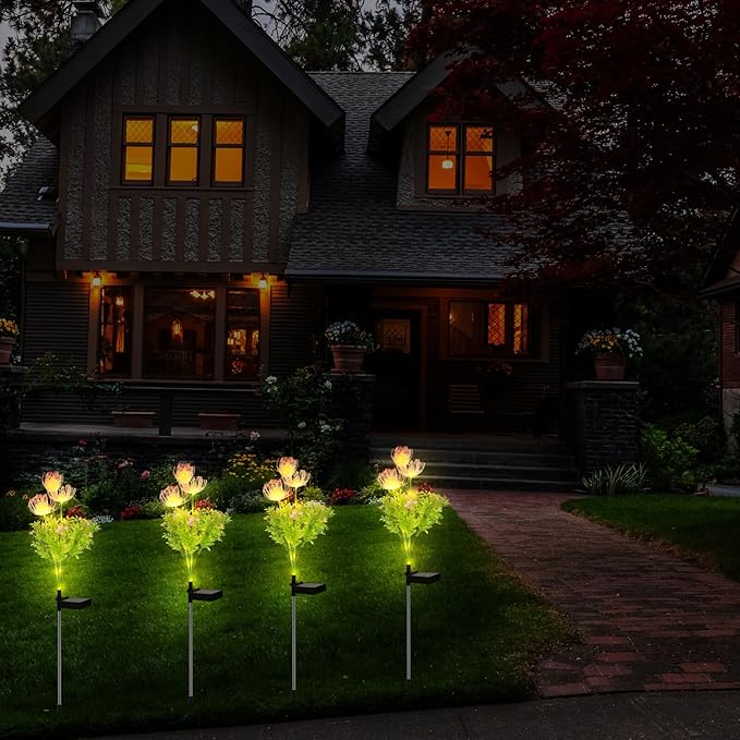 4 Pcs Solar Flower Lights Outdoor Waterproof, Solar Garden Lights for Pathway, Yard, Patio, Lawn, Easy Installation, Auto on/Off, Energy-Saving, Ip65 Weatherproof, Multi-Color Led Decoration