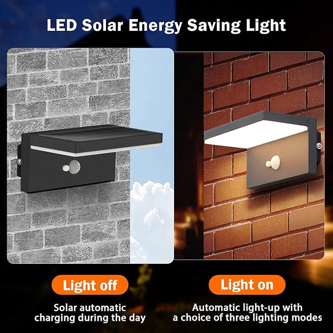 Solar Outdoor Wall Lights 2 Pack,Motion Sensor Waterproof Dusk to Dawn Solar Porch Wall Mount Lamp Black Modern Exterior Light Fixture 3000K 5W for Garage House Patio