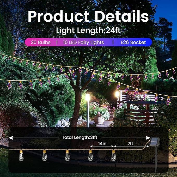 2Pack Solar Outdoor String Lights 24FT Vintage Rope Hemp Solar Lights with 20 Shatterproof Bulbs,8 Modes Solar | Lumora