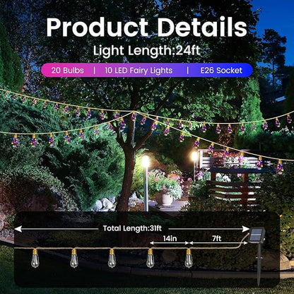 2Pack Solar Outdoor String Lights 24FT Vintage Rope Hemp Solar Lights with 20 Shatterproof Bulbs,8 Modes Solar Powered String Lights with Memory Function, Waterproof for Fence,Balcony,Camping,Café