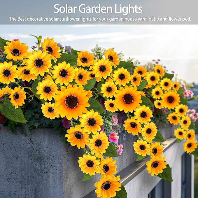 Solar Garden Lights Outdoor, Solar Sunflower Lights with 46 Lifelike Sunflower, Waterproof 90 Bright LED Fall Flowers Garden Decor for Patio Flower Bed Yard, Gift for Mom (2 Pack)