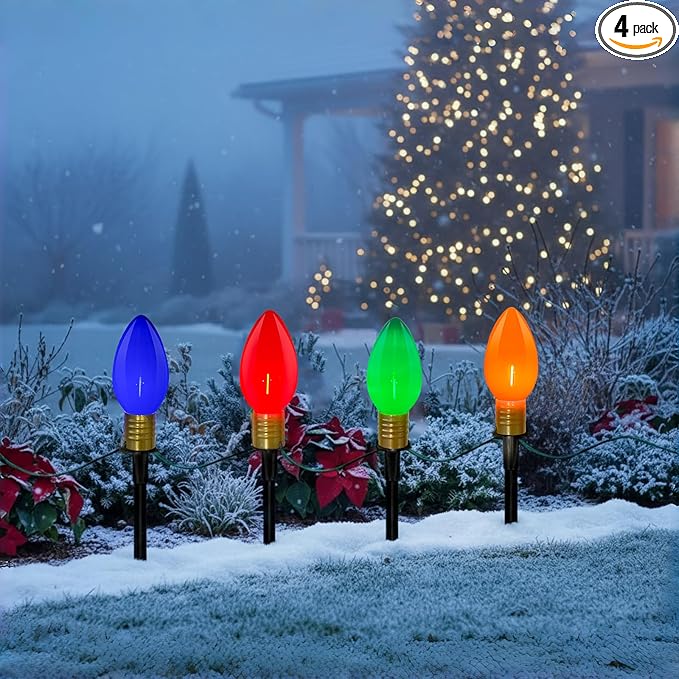 C9 LED Pathway Lights 7Ft Christmas Pathway Lights, Multicolor Walkway Light Outdoor with 4 Marker Stakes Connectable Holiday Commercial Christmas Decoration UL Listed - Green Wire