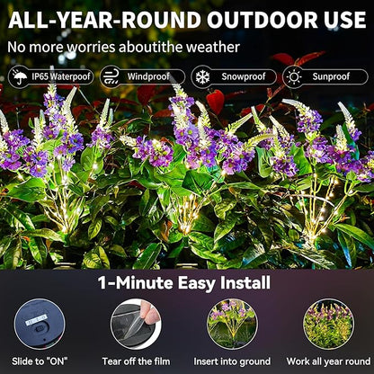 Neporal Solar Flowers Outdoor Waterproof Purple, Lilac Garden Solar Lights Decorative 4PK 8-Stem, 2 Lighting Modes, Solar Powered Garden Decor, Solar Yard Decor