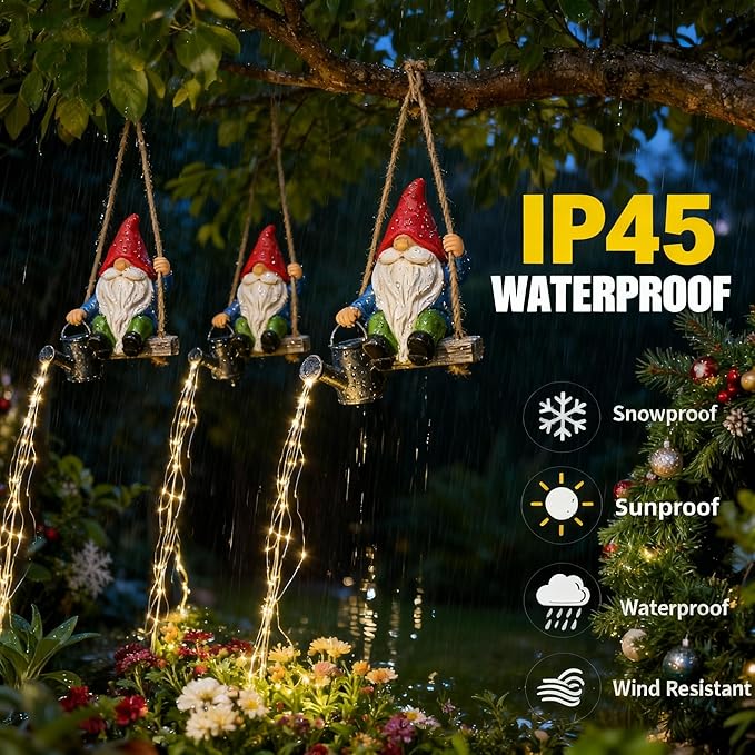 Watering Can Solar Lights Garden Gnomes Hanging Statues, Swing Gnome Cascading LED Decorations for Outside Backyard Yard Patio Tree Wall, Hoswarming Birthday Gifts for Woman Mom Grandma
