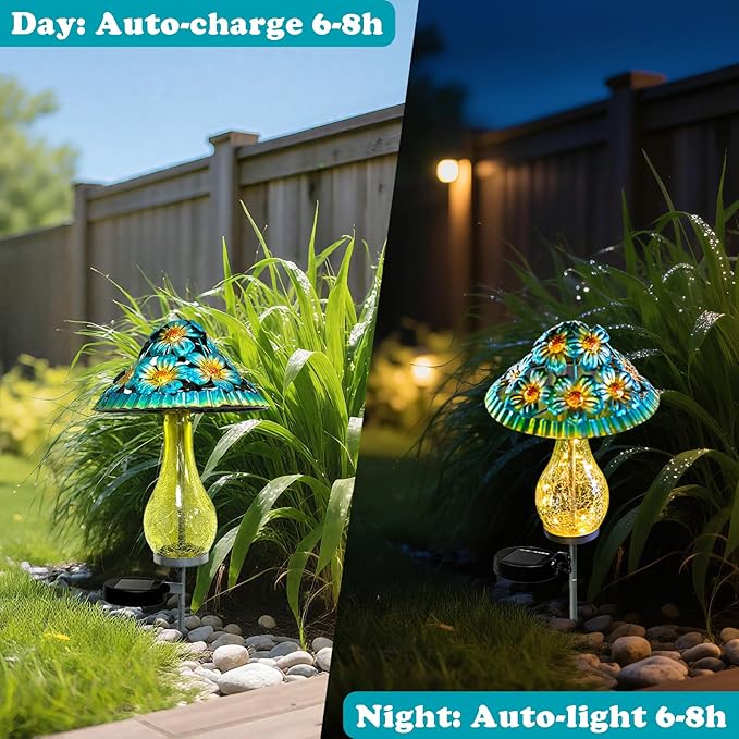 Solar Outdoor Lights, Hand-Blown Glass Mushroom Solar Lights Outdoor with Metal Ground Spikes, Decorative Solar Lights for Outdoor Garden Yard Lawn Porch Backyard Pathway, Gifts for Mom Women (Blue)