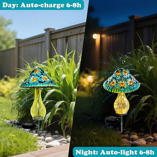 Solar Outdoor Lights, Hand-Blown Glass Mushroom Solar Lights Outdoor with Metal Ground Spikes, Decorative Solar Lights for Outdoor Garden Yard Lawn Porch Backyard Pathway, Gifts for Mom Women (Blue)