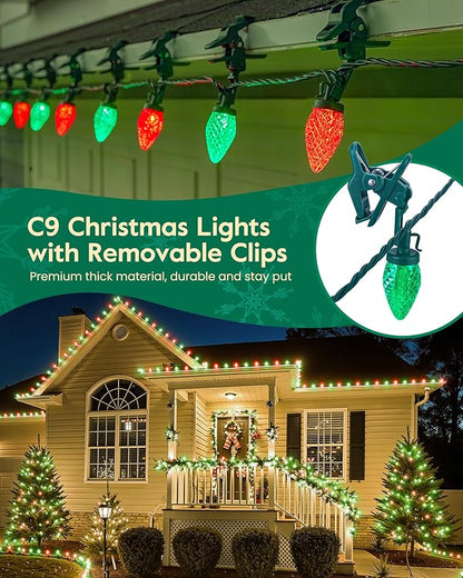 C9 LED Christmas Lights Outdoor with 110 Spring Clips, 65FT 110 LED C9 String Lights Waterproof Connectable for Roofline Patio House Yard Windows Xmas Tree Indoor Outdoor Christmas Decor, Red Green