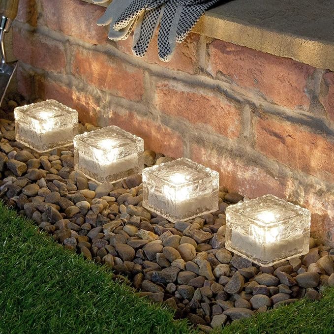 2 Pack Solar Path Ice Cube Lights Outdoor, Waterproof Garden Glass Path Light Solar Ice Light Crystal Brick Landscape Light (Warm)