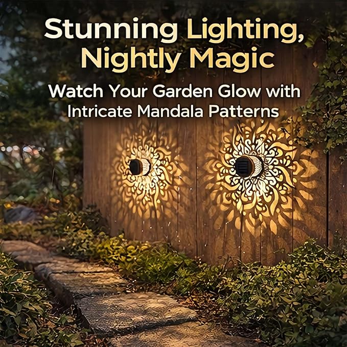 Decorative Solar Mandala Lights Outdoor, Metal Solar Powered Mandala Fence Lights for Garden Patio Yard, Waterproof Mandala Theme Outdoor Decor (2pcs)