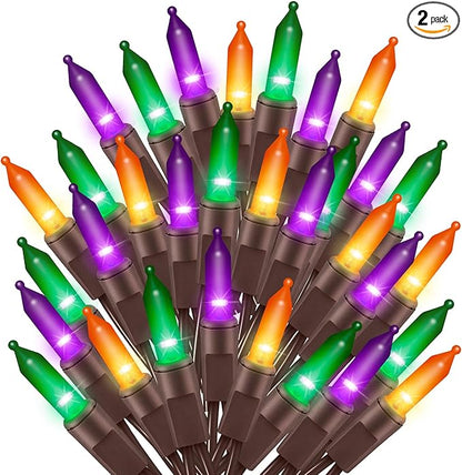 Ultra-Bright Connects End to End Orange Purple and Green Christmas Mini Lights 300L 63.8Ft(2Sets-Each 150L)UL Listed Incandescent Bulb String Light for Indoor Outdoor Halloween Tree Decor