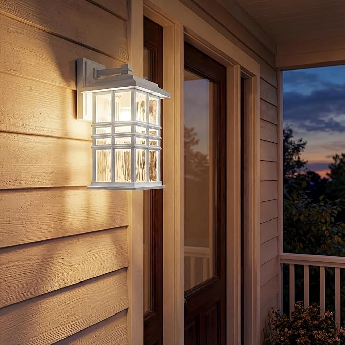Kichler Beacon Square 12" Outdoor Wall Light in White, 1-Light Exterior Wall Sconce with Clear Hammered Glass, (12" | Lumora