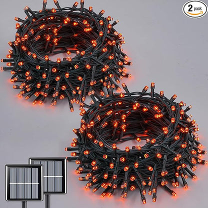 QITONG Orange Solar Christmas Lights, 2 Pack Each 66ft 200 LED Thanksgiving String Lights Outdoor Waterproof, Green Wire Twinkle Light with 8 Modes