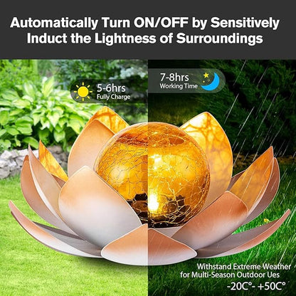 Garden Solar Lights Outdoor(2Pack), Amber Crackle Globe Glass Lotus Decoration, Waterproof Orange Metal LED Flower Lights for Patio,Lawn,Walkway,Tabletop,Ground, Garden Gifts for Women