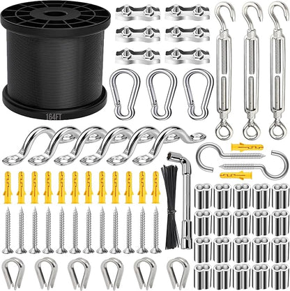 164FT Black Vinyl-Coated 304 Stainless Steel Cable – Heavy Duty String Lights Hanging Kit with Turnbuckle, Thimble & Hooks for Outdoor, Patio, Garden, Christmas Lights