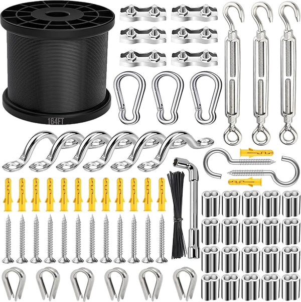 164FT Black Vinyl-Coated 304 Stainless Steel Cable – Heavy Duty String Lights Hanging Kit with Turnbuckle, Thimble | Lumora