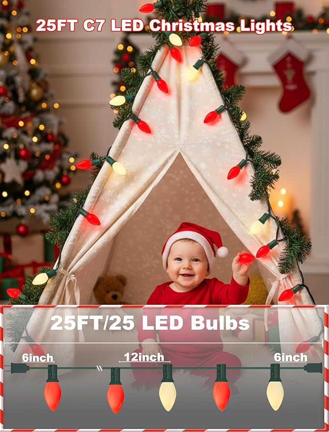 C7 LED Christmas Lights,25ft Red and White Outdoor String Lights with 27 Ceramic Bulbs(2 Spare), Plug-in Vintage Commercial Christmas Lights String for Outside Roofline Patio Holiday Decor