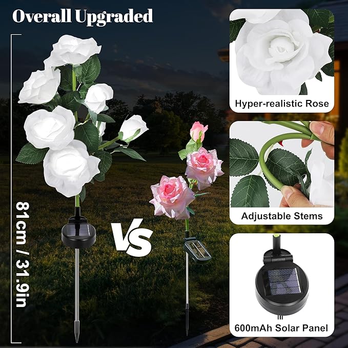 Solar Rose Lights Outdoor, 2 Pack with 14 Rose Flowers Waterproof Color Changing LED Flower Lights, Solar Powered Garden Stakes for Yard, Patio, Pathway Decor - Artificial Floral Decorative Lighting
