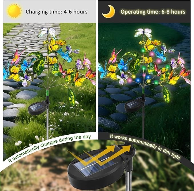 Anothera 6Pcs Solar Butterfly Lights Features Flashing or Steady-on Modes, Waterproof Sunflower Garden Lights for Outdoor Patio, Lawn, Yard, Garden Decor Gift for Mom Women Grandma