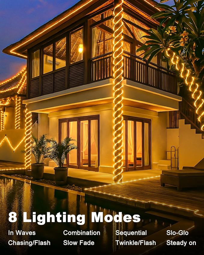 btfarm Solar Rope Lights Outdoor, 120LED 46FT Solar String Lights Outside Waterproof, 8 Lighting Modes Solar Powered Strip Tube Light for Garden Tree Christmas Yard Party Wedding Decor, Warm White