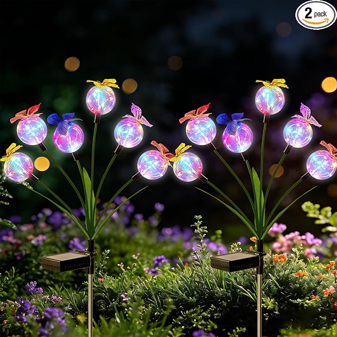 2 Pack Solar Outdoor Decorative Lights, Garden Lights Solar Powered with 12 Led Globe Lights and Butterflies, Gifts for Women Grandma, Solar Decorations for Garden Yard Lawn Ornaments (Butter Colored)