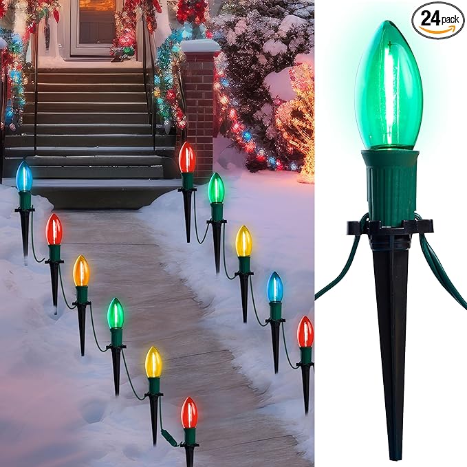 Joiedomi 24 Packs 30.75FT C9 Christmas Multicolor LED Pathway Lights, Waterproof Walkway Lights with Stakes Outdoor Connectable Decor for Holiday Outside, Yard, Garden, Party, Walkway Decor
