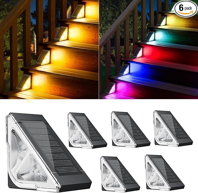 Solar Step Lights for Outside, 6 Pack Stair Lights Outdoor Waterproof with RGB & Warm White Mode, Auto ON/Off LED Step Lights Outdoor Solar Powered for Step Stair Patio Yard Porch Frontdoor