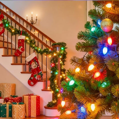Couah C7 LED String Lights-25Ft Ceramic Vintage Multicolor Lights with 27 Colorful LED Bulbs (2 Spare), Outdoor String Lights for Christmas Party Backyard Wedding- Green Wire
