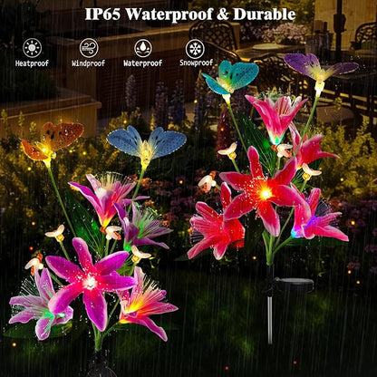 Solar Flower Lights Outdoor Garden Decor,2Pack Color Changing lilies flowers with Flying Butterfly and Bee,22LED Lily Solar Garden lights Outside for Path Yard Patio Lawn Party Mom day Decor
